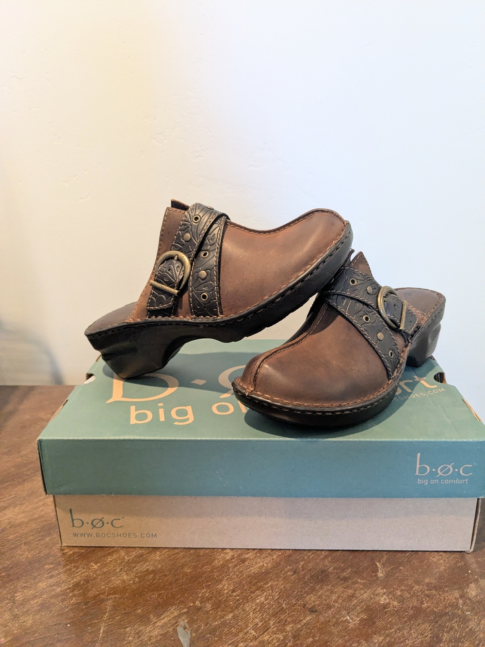 b.o.c. Brown Leather Slip-On Clogs with Decorative Buckle